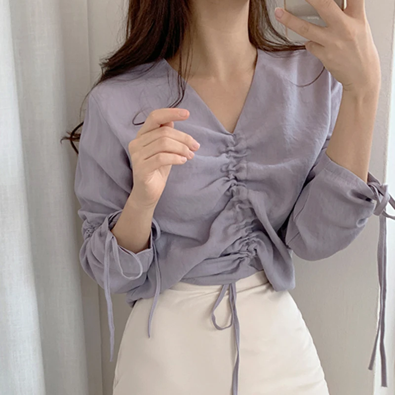 

Female Girl Look V Neck String Tie Lady Blouse Women Shirt Spring Long Sleeve Top Chemise Femme Chemisier Blusa Mujer Camisa