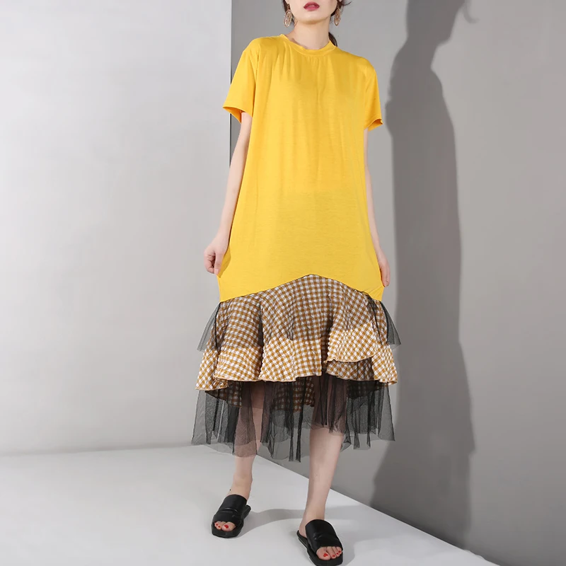 yellow LANMREM, новинка, весна-лето, круглый вырез, короткий рукав, оборки, сетка, рисунок в клетку, темперамент, нарядное платье, женская мода, JR570 - Цвет: yellow