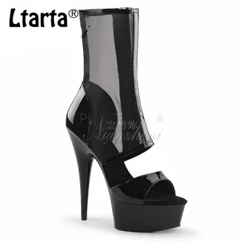 

LTARTA Red Irregular Nude Stitching Bag 15 Cm Low Barrel Short Boots Net Cloth Open Toe Women's Shoes Summer LYP-C-133