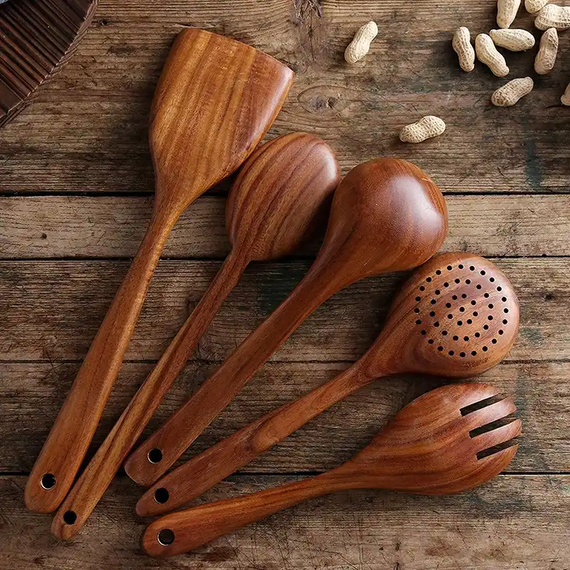 Kitchen Wooden Utensils For Nonstick Cookware Handmade Natural Teak Cooking