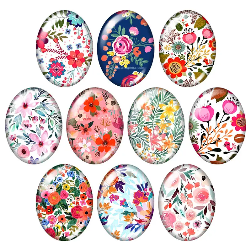 

New Beauty Flowers Rose Patterns Oval 10pcs 13x18mm/18x25mm/30x40mm mixed photo glass cabochon demo flat back Jewelry findings