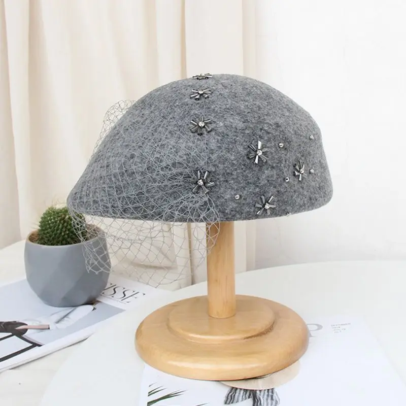 KLV Women Faux Wool Fashion Beret Hat with Mesh Veil Jewelry Rhinestone Beads Flower Embellished Cocktail Prom Wedding Hat