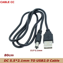 Conector de Cable de alimentación de barril de CC para dispositivos electrónicos pequeños, Cable de extensión USB, puerto Usb 2,0, negro, 80cm, 5V, 5,5x2,1mm