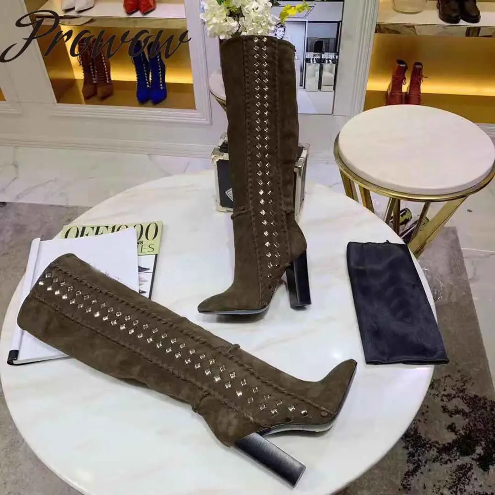 

Prowow New Black Genuine Leather Slip On Autumn Winter Boots Sexy Pointed Toe HIgh Heel Fashion Boots Shoes Women