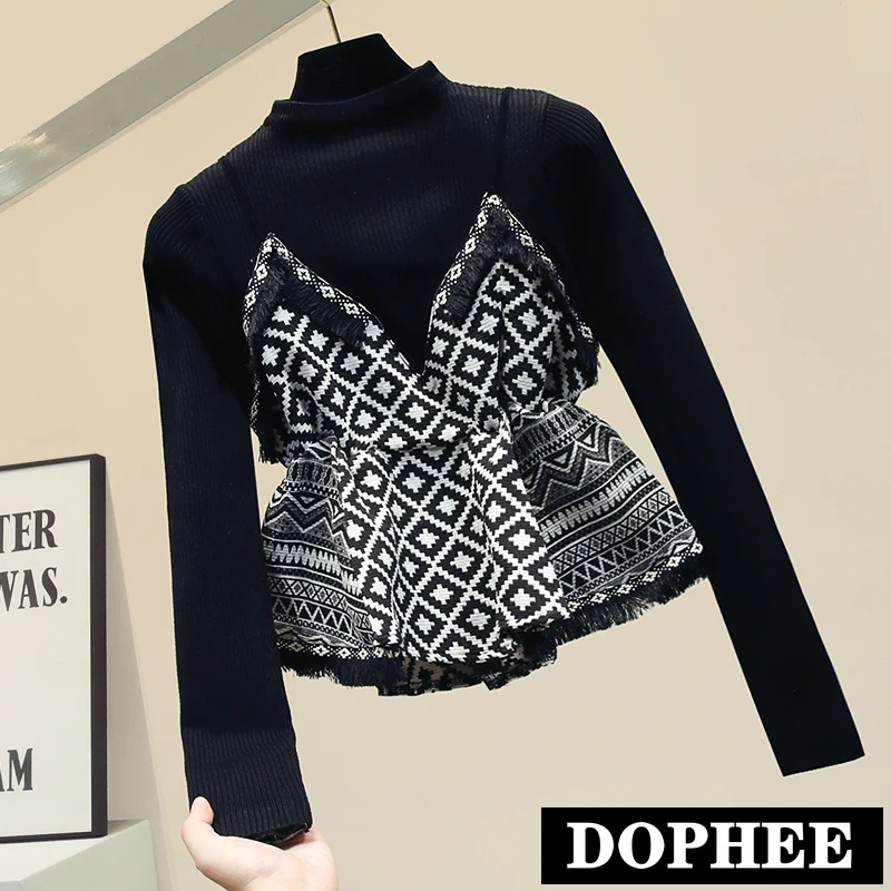 Turtleneck Sweater Women 2019 New Fall Winter Short Knitwear Geometric Sling Stitch Fake Two Piece Black Slim Jumper | Женская одежда