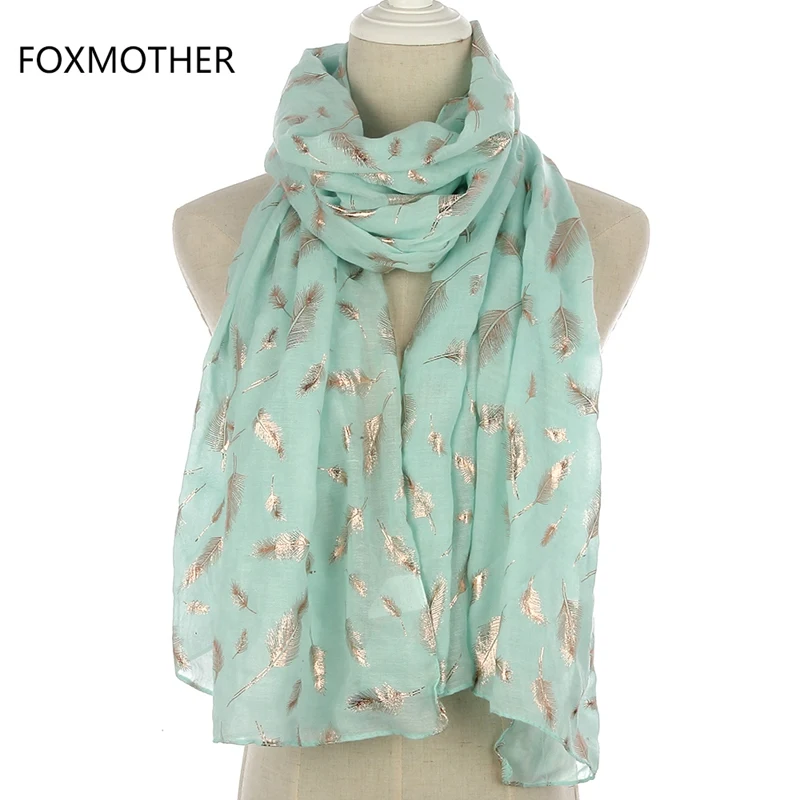 Mint Long FOXMOTHER модные женские белые темно-синие желтые бронзовые фольга Серебряное перо кольцо шарфы шейный шарф блестящий платок - Цвет: Mint Long