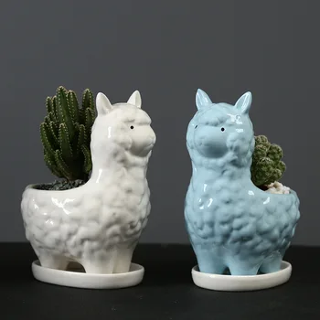 

White Ceramic Alpaca Planter Flower Pot with Tray Creative Animal Pot for Succulents Plants Home Garden Desktop Decoration