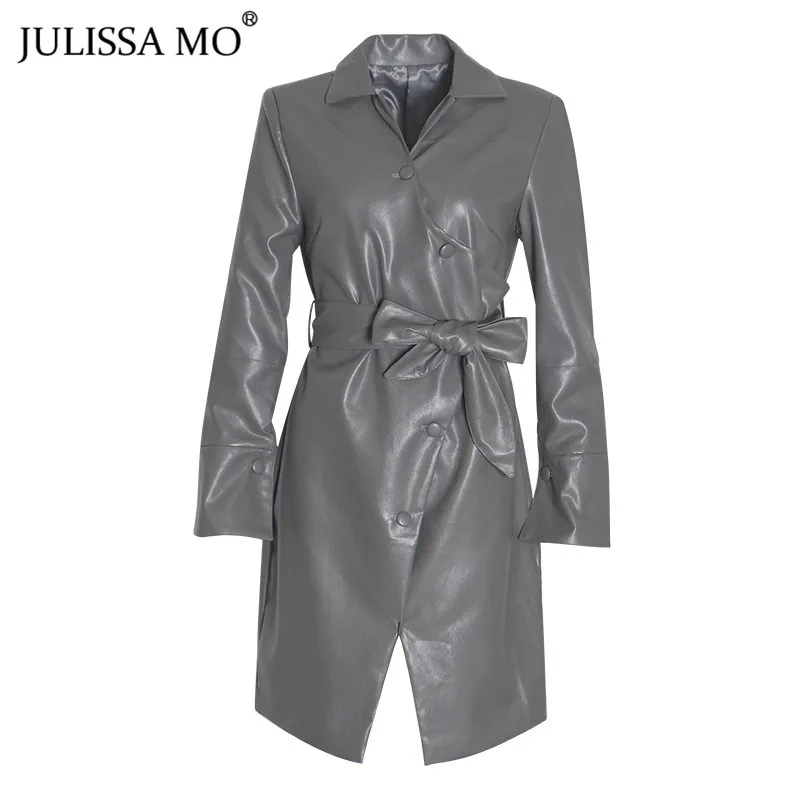 Серый Julissa mo шикарные однобортные длинные пальто из искусственной кожи женские элегантные с поясом теплые зимние тренчи повседневные куртки из искусственной кожи - Цвет: Серый