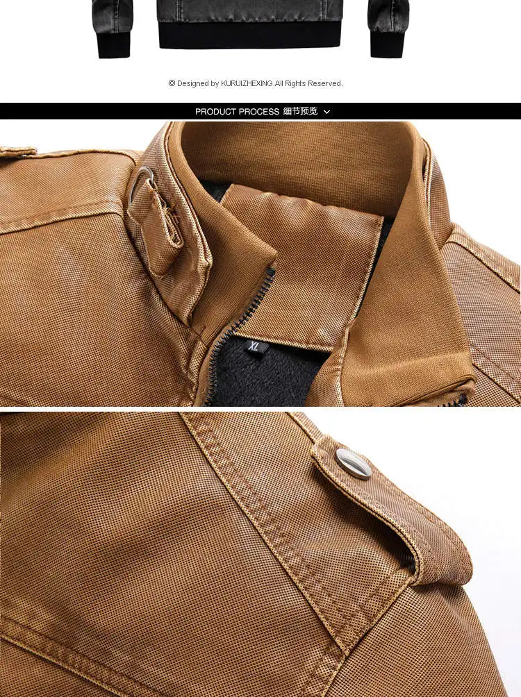 new men's casual leather collar collar large size high quality Harajuku leather jacket multi-pocket loose jacket male