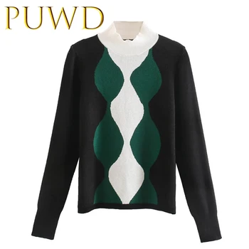 

PUWD 2019 Autumn and winter new women's tricolor half height round neck temperament versatile T-shirt thin bottom Shirt Green