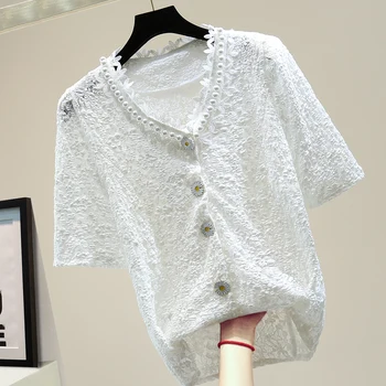 

White Lace Shirt Female Summer Loose Beaded Lace Tops Ladies All-match Tops Blouse Blusa Womens Tops Blouses Blusas Shirts