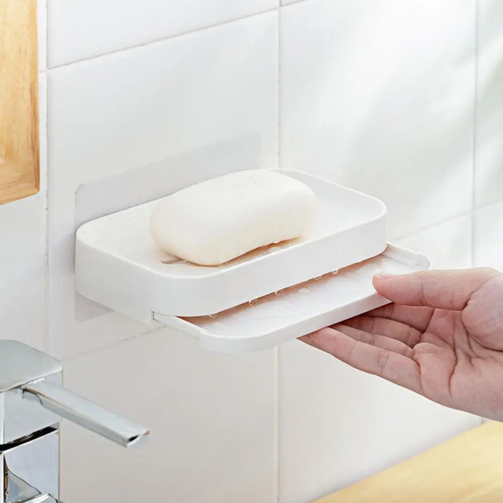 YOHOM 2PCS Adhesive Soap Dish with Drain Tray White Shower Bar Soap Holder  Wall Mounted Bathroom Hanging Soap Tray Holder for Tub Plastic