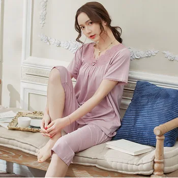 

Modal Pajamas Set for Lady Summer Short Sleeve Plus Size Loose Style Two-piece Suit Home Sleepwear Home Clothes Women