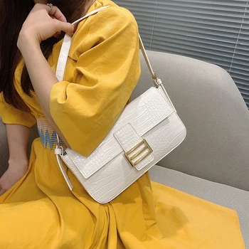 

2020 New Fashion Summer Vintage Crocodile Pattern Shoulder Bag High Quality PU Leather Baguette Shape Women Handbag