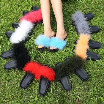 

2020 Women's Real Fur Slippers Raccoon Furry Fox Slipper Fur Slides Cute Ladies Cute Plush Sandals Flat Fluffy Shoes For Women