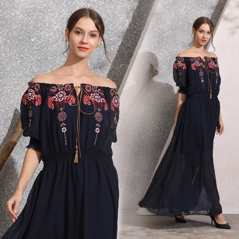 

Ozhouzhan WOMEN'S Dress 2019 Spring New Style Fashion Chiffon Industrial Embroidery Lace-up Crew Neck Elastic Waist Dress