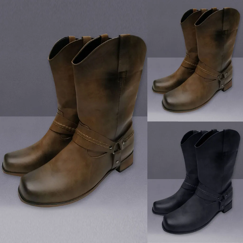 

autumn winter Mens Leather platform boots Non-slip Slip-On Wild Cowboy Boots Round Toe Buckle Short Plush Keep Warm boots