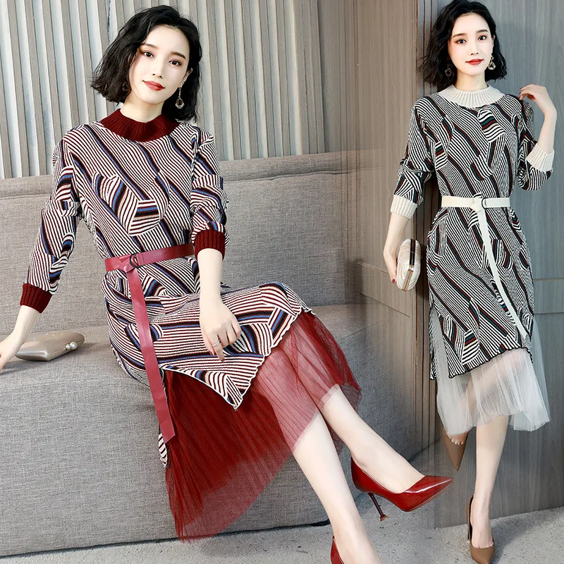 

Fashion Slimming Dress 2019 Spring Sweet Lace-up Printed Mid-length Short Sleeve Single Breasted Stripes