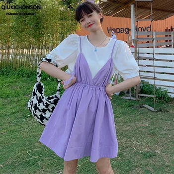 

Gentle Style Young Girls Candy Color Cute Overalls Set 2 Piece Summer Dress Women Puff Sleeve White Top and Skirt Two Piece Sets