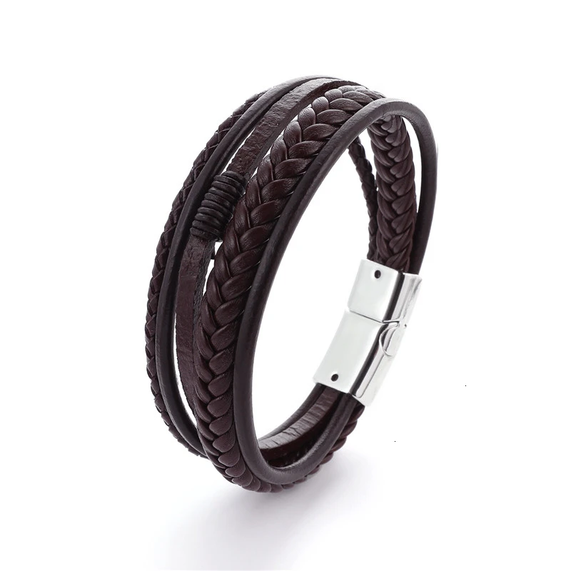 Мужской браслет, многослойный кожаный браслет с магнитной застежкой, Воловья кожа, плетеный многослойный браслет, модный браслет на руку, pulsera hombre - Окраска металла: Brown White