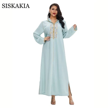 Siskakia Hooded Muslim Abaya Dress for Women Ramadan Eid 2021 Dubai Elegant Ethnic Embroidery Long Sleeve Arabic Turkey Clothes 1
