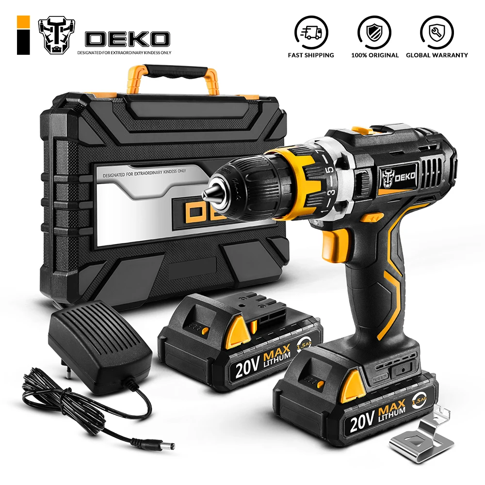 DEKO GCD20DU2 SET4 20V Electric Screwdriver Cordless Drill Mini Wireless Power Driver DC Lithium-Ion Battery 1/2-Inch 2-Speed