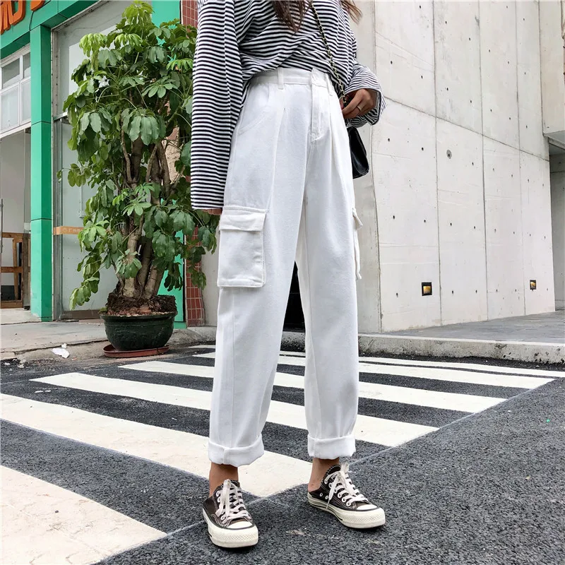 

S-XL Women safari trousers 2019 korean bf style straight denim pants jeans high waist white pants womens (Z8781)