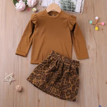 Ensemble de vêtements 2 pièces pour jeunes filles, haut à manches longues + jupe imprimée léopard, nouvelle collection printemps automne 2021