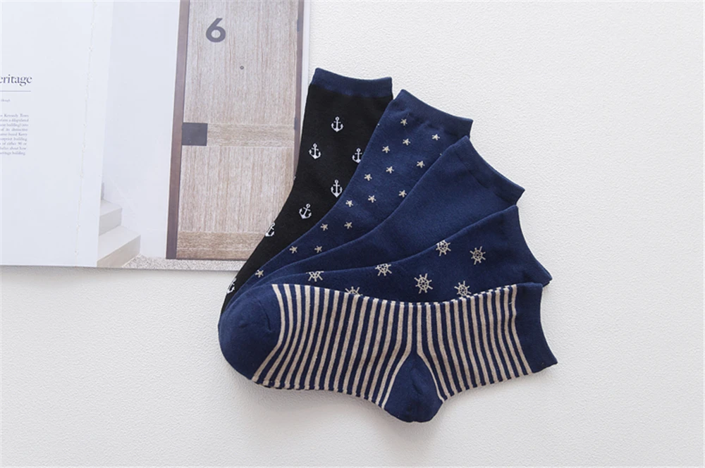 Мужские темно-синие пиратские звезды якорь руль полосатые хлопковые носки темно-синий стиль повседневные носки в деловом стиле