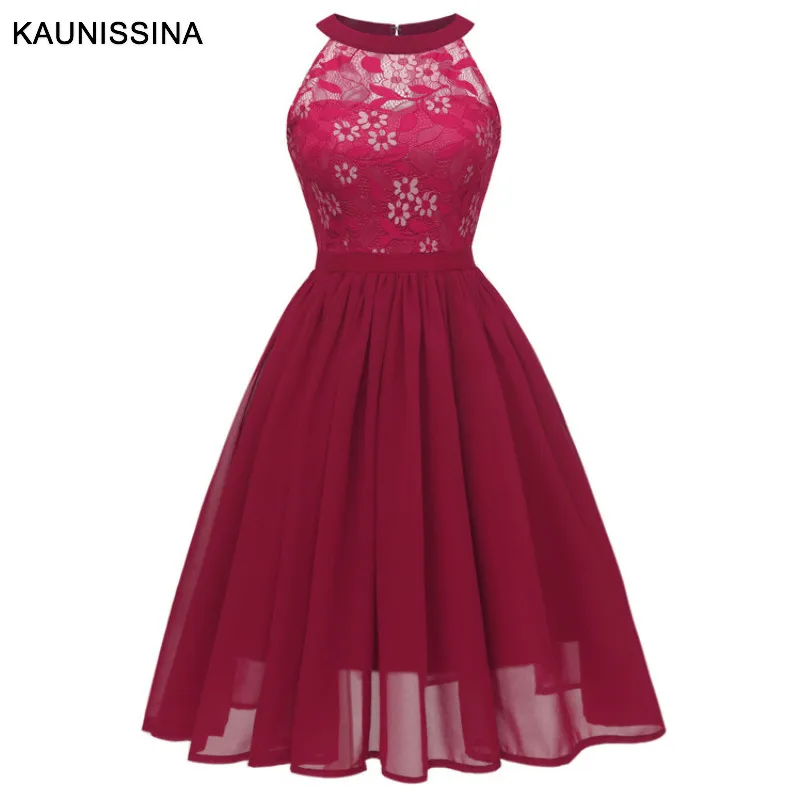 Wine Red KAUNISSINA/Элегантные Короткие коктейльные платья с бретельками, длиной до колена, шифоновые кружевные однотонные платья трапециевидной формы для вечеринок Vestidos - Цвет: Wine Red