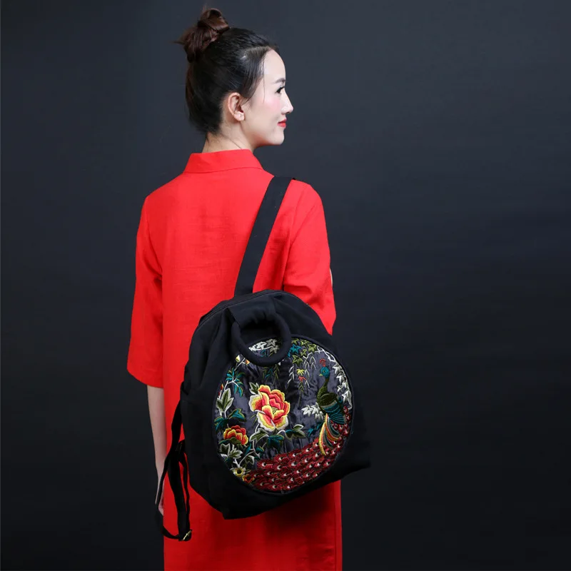 Women's Embroidery Backpack Peacock Embroidered cloth Shoulder Bag Girls Travel Beach School Rucksack