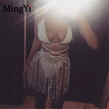 Роскошные пикантные блестящие стразы, украшенные бахромой и кисточками; юбка Для женщин пляж блестящие к требованиям заказчика; сверкающие; с металлической блестящей цепь для ночного клуба вечерние Мини-юбки короткий