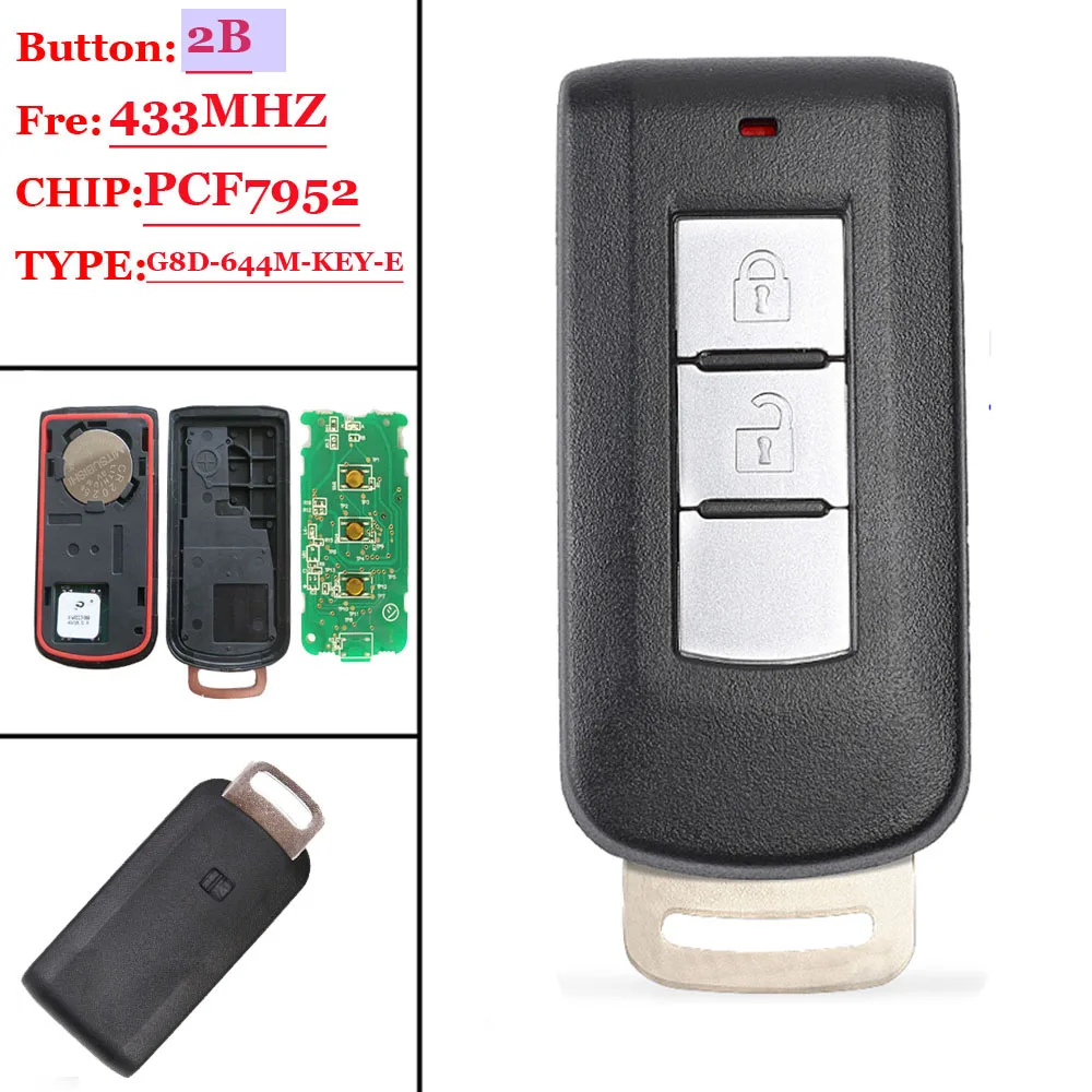 2 кнопки дистанционный смарт ключ-брелок 433 МГц PCF7952 ID46 для Mitsubishi Lancer Outlander ASX FCC: G8D-644M-KEY-E 3,5