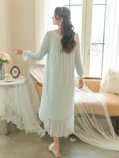 Hanxiuju New Soft Lace Modal Nightgowns For Lady Autumn Spring Elegant Vintage Princess Long Sleeve Loose Sleepwear