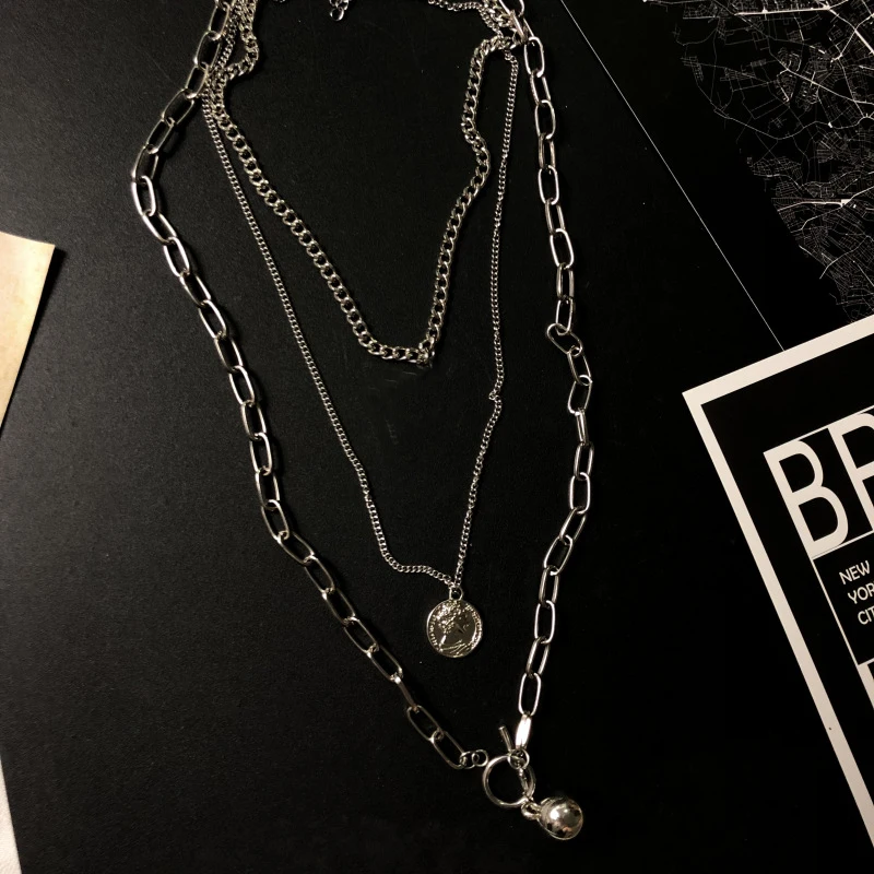 New Trendy Metal Ball Coin Cross Pendant Multi layer Punk  Design Long Chain Necklace For Women men Jewelry Gifts