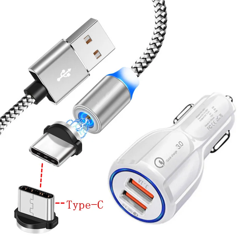 Для samsung galaxy A50 A20 S9 S8 Bluboo Maya Max OnePlus 7 Pro телефонный кабель Магнитный тип C USB светодиодный светильник QC 3,0 быстрое автомобильное зарядное устройство - Тип штекера: EU charger and cable