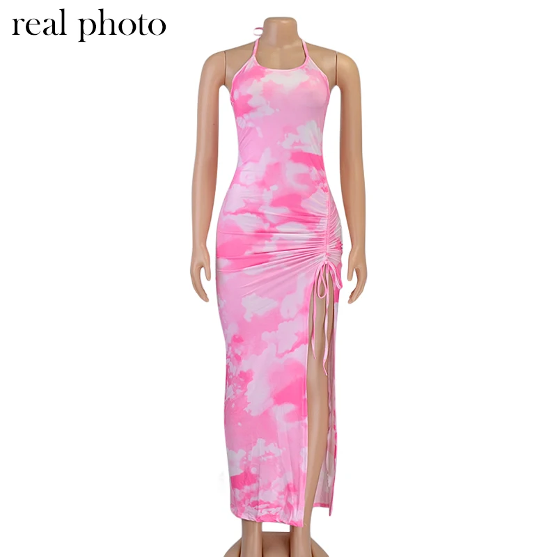 Simenual Tie Dye Drawstring Side Slit Women Maxi Dresses Strap Sleeveless Party Club Fashion Slim Backelss Bodycon Halter Dress
