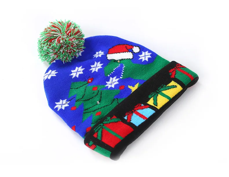 Wholesale New Children LED Christmas Hat With Lights Winter Warm Cartoon Knitted Pompom Beanie Cap For Kids Christmas Decoration