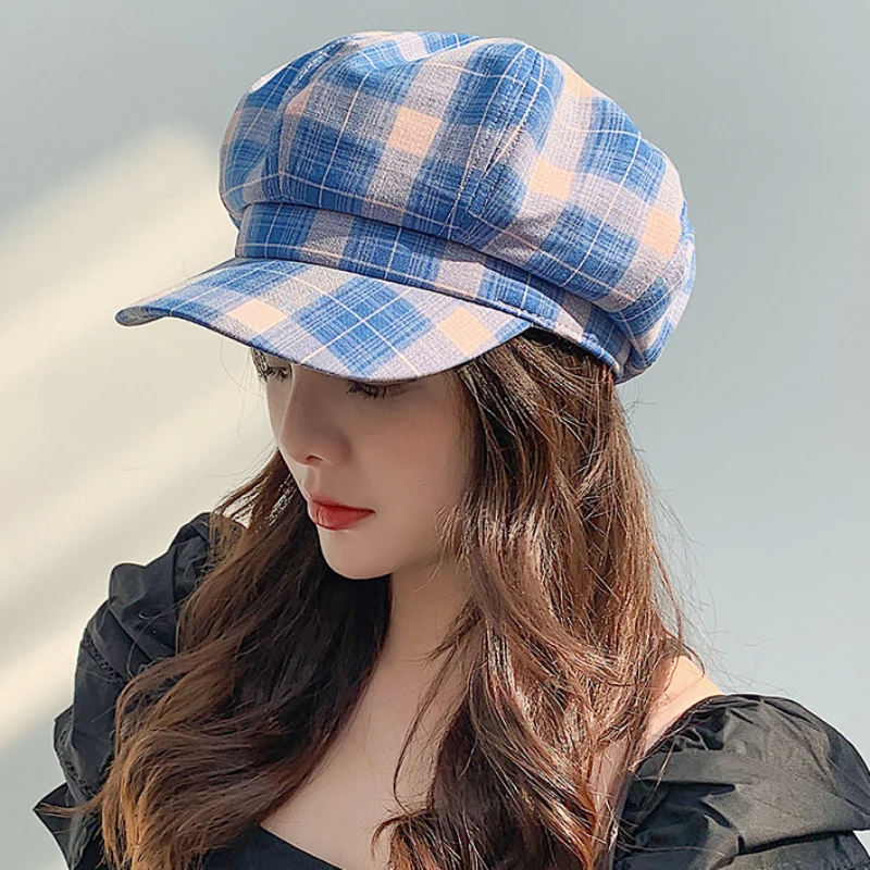 

HT3017 Beret Cap 2020 New Spring Summer Hat Women Vintage Plaid Octagonal Newsboy Cap Ladies Retro Beret Hat Artist Painter Hat
