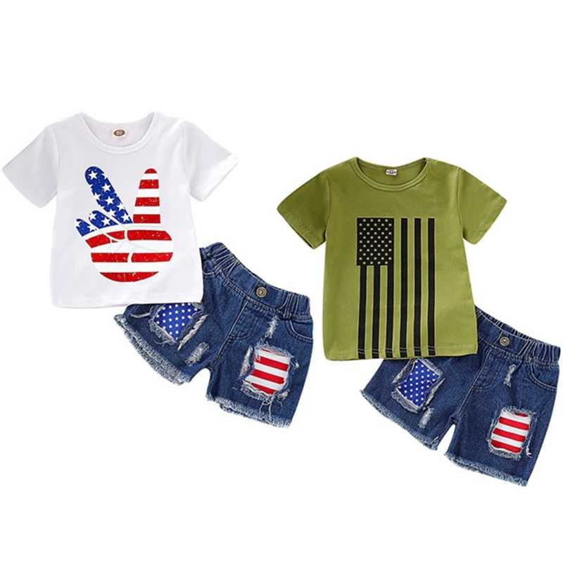 

Baby Clothes Summer Baby Boys Girls Casual Short Sleeve Star Striped Print T-shirt Tops+Denim Shorts Costume Set
