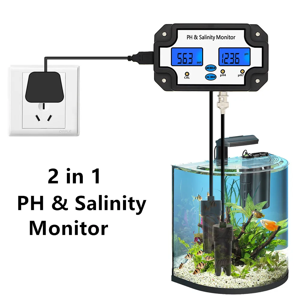 

2 in 1 Digital PH Salinity Monitor PS-2685 Beverages Salt Content Water Quality Measure Tool for Aquarium Pool Seawater 40%off