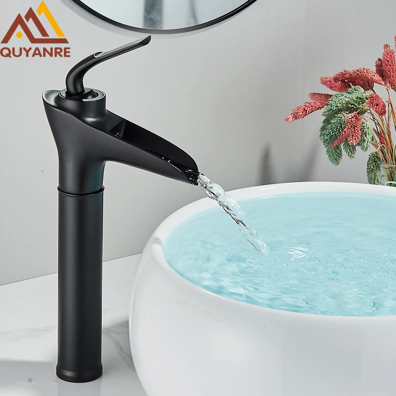 Bathroom Basin Sink Hot Cold Water Mix Faucet Glass Waterfall Basin