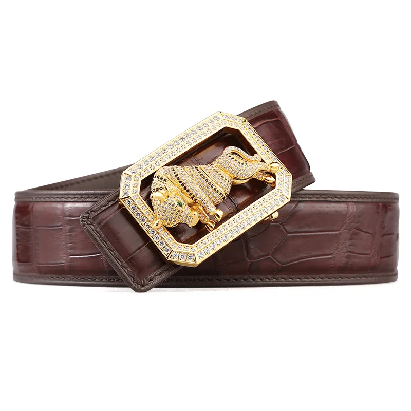 McParko Crocodile Belt Mens Leather Belts With Buckle Luxury Animal Design Genuine Leather Waist Belt with rhinestones Buckle - Цвет: cow brown