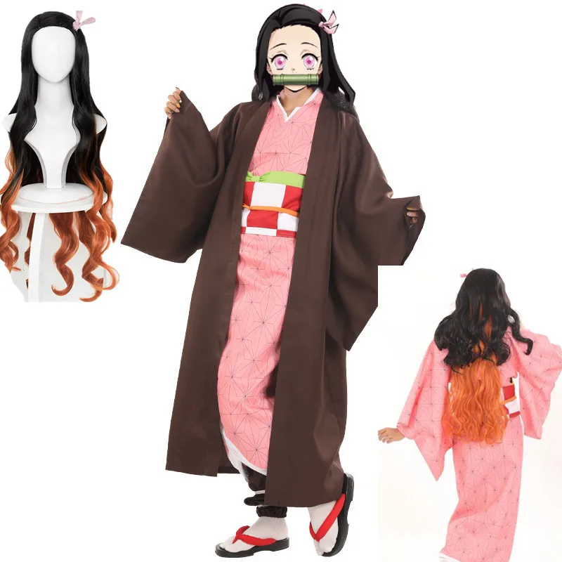 

Demon Slayer: Kimetsu no Yaiba women Kamado Nezuko costume sister pink dress with cape full sets role play costumes wig