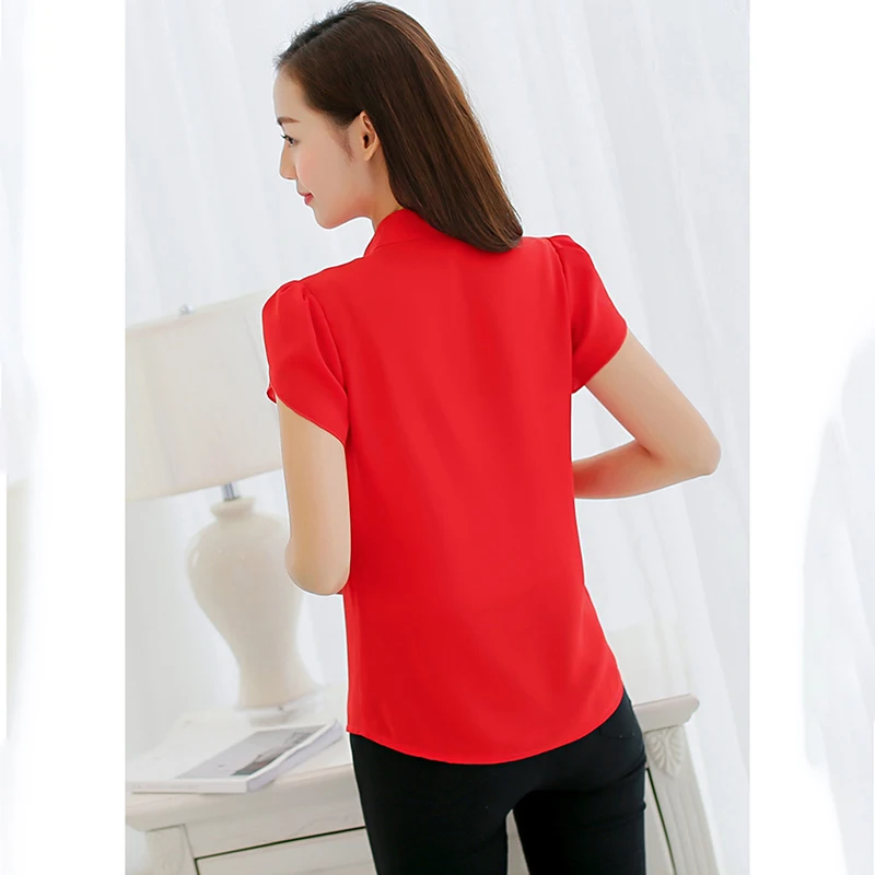 Летняя женская шифоновая блузка с коротким рукавом, красные женские офисные рубашки размера плюс, рабочая верхняя одежда размера плюс, повседневная женская одежда