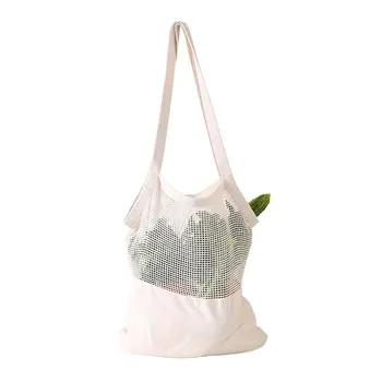 

Cotton Blend Shopping Bag Washable Grocery Mesh Splice Solid Reusable Home High Capacity Storage Single Shoulder Fruit Vegetable