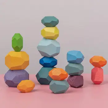 

Wooden Colored Stone Jenga Building Block Educational Toy Creative Nordic Style Stacking Game Rainbow Wooden Toy Gift