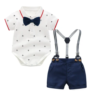 

Baby Boys Newborn Clothes Printed Romper with Bow + Navy Shorts + Belt Kids 4 Pieces/Set Outfits Infant Boy Summer Kid Clothes