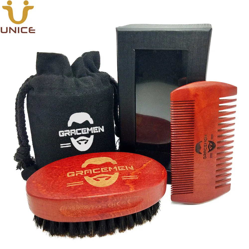 MOQ 100 Sets OEM Custom LOGO Red Wood Beard Care Tools with Bag & Box  Mustache Beard Hair Brush and Fine & Wide Dual Sided Comb moq 100pcs 2 in 1 oem custom logo men beard kits set dual sided wood combs