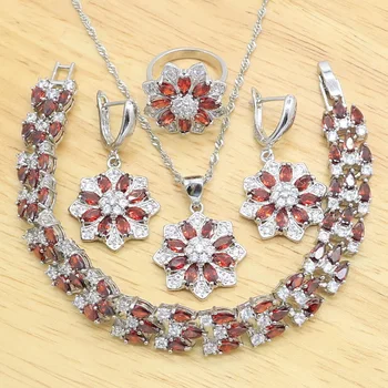 

Red Garnet 925 Silver Jewelry Sets For Women Wedding Bracelet Necklace Pendant Earrings Ring Birthday Gift